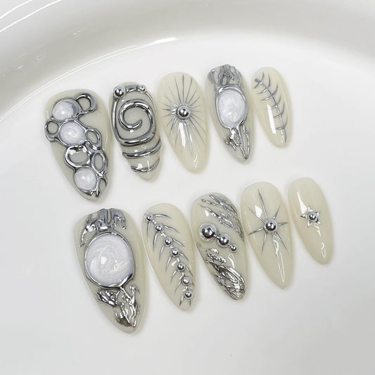 10Pcs Almond Press on Nails Handmade Short Fake Nails with Metallic Silver Design Hand-Painted 3D Art & Round Cat Eye False Nails Press ons Sparkly Reusable Acrylic Stick on Nail for Women (Size M)
