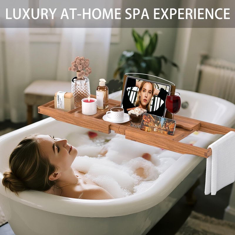Premium Teak Bathtub Tray Caddy, Expandable Wooden Bath Tray for Tub,Luxury Bathroom Accessories,Great House Warming, Anniversary & Wedding and Birthday Gifts