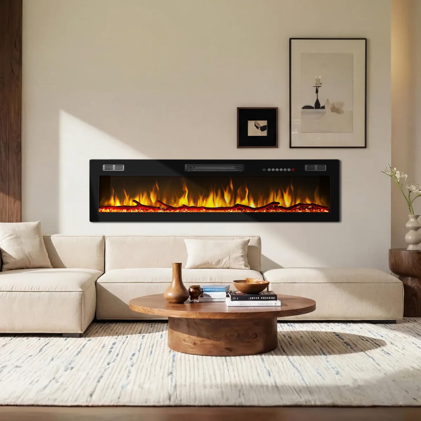 Tornivk 72 Inch Electric Fireplace Heater,Wall Mounted/Recessed Electric Fireplace Insert,Ultra-Thin 750/1500w in Wall Fireplace Electric with Remote Control,Logs,Crystal for Bedroom,Livingroom