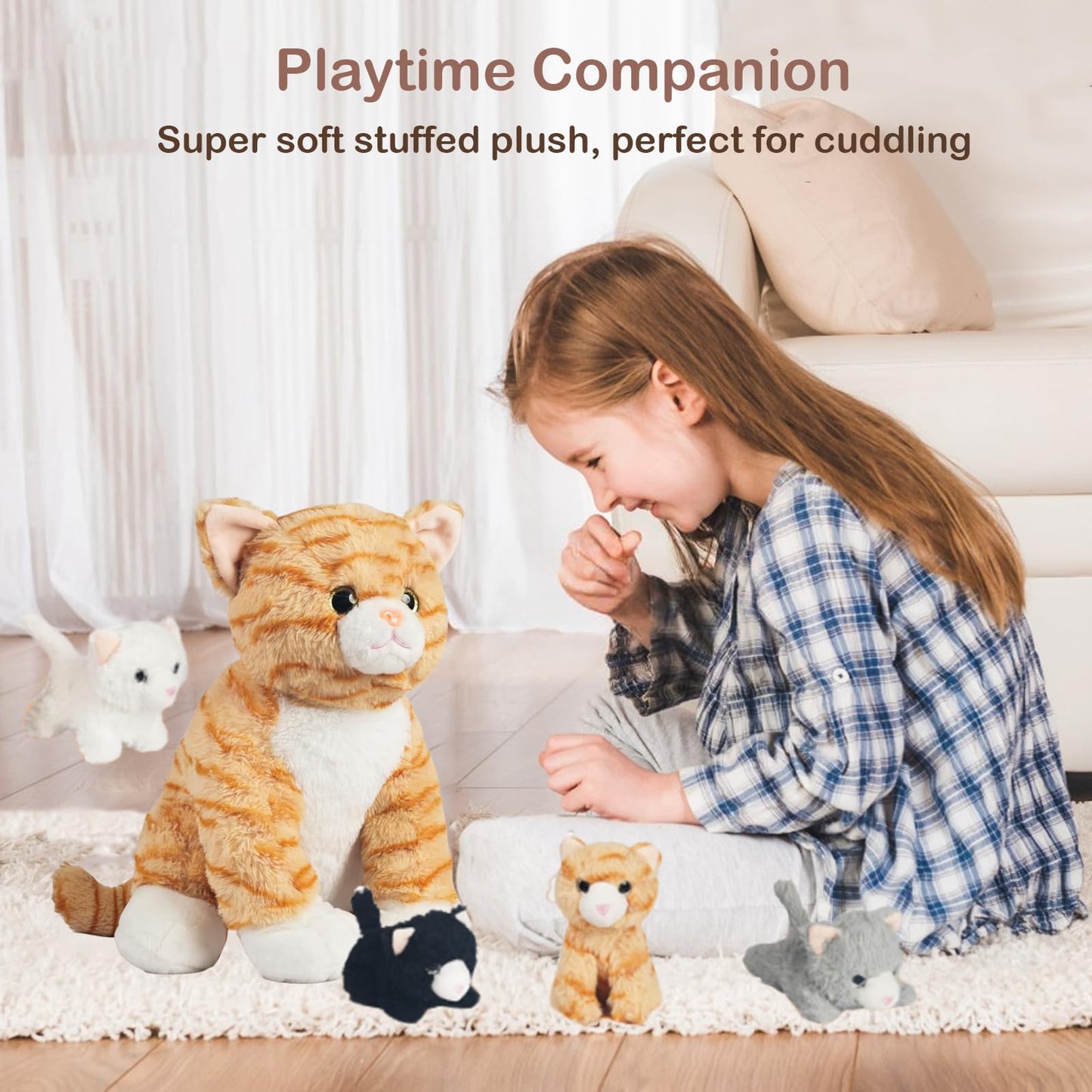 5 PCS Cat Stuffed Animal with Babies Inside Belly, 1 Mommy Stuffed Orange Tabby Cat Toy with 4 Plush Kittens, Stuffed Kitty Plushies for Kids Boys Girls Christmas Birthday Gift
