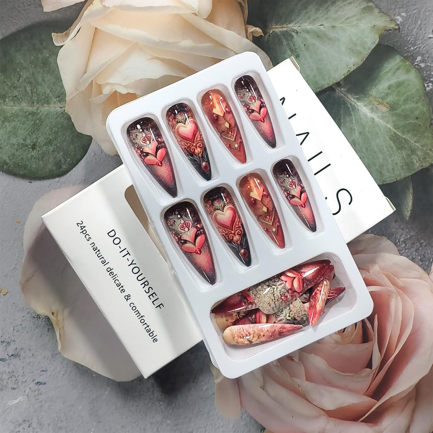 Heart Press on Nails Extra Long Artificial Acrylic Pink Multi Layered love Fake Nails Pink Rose Coffin Nails Full Cover Glossy Valentines Stick on Nail Artificial Fingernails Women Festival Manicure