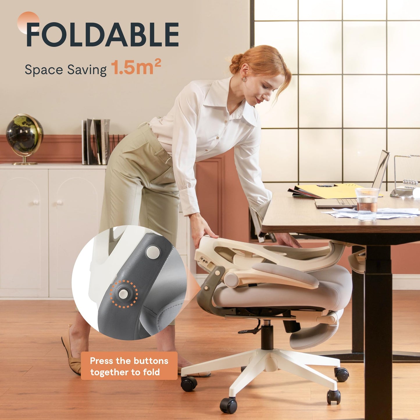 FLEXISPOT Foldex Ergonomic Office Chair, Folding Chair for Small Spaces with Lumbar Support, Flip-up Armrests, 3D Headrest, Desk Chairs with Footrest for Work,Video Game (Foam Seat, Grey)
