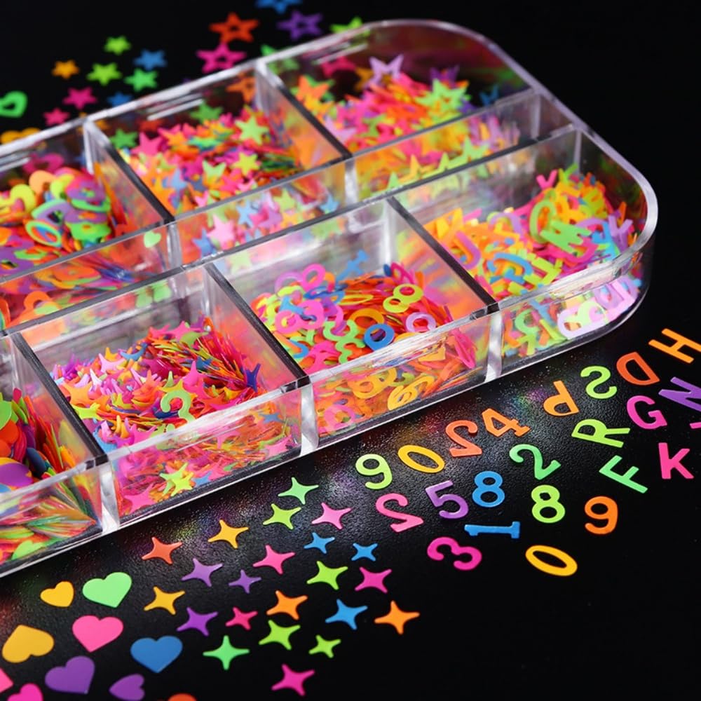 1 Box Holographic Heart Star Nail Glitter Butterfly Flower Nail Sequins 3D Letter Alphabet Nail Flakes Sparkly Powder Flakes Shiny Nail Glitter Figure Nail Sequins Glitter for Nails Art 12 Grids