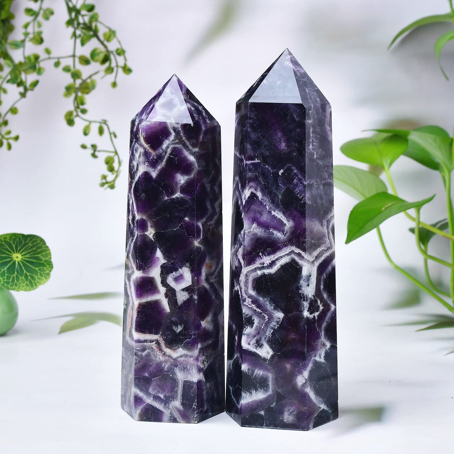 FZBHRO Large Crystal Towers Chevron Amethyst Wand 6 Faceted Quartz Point Purple Healing Crystal Stone Obelisk for Meditation Gifts 0.8-1.3 Pound