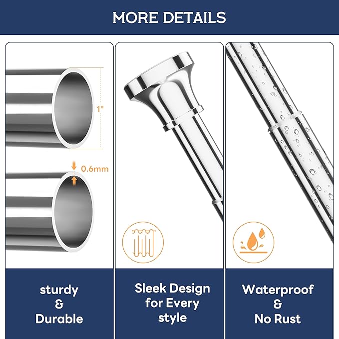 STARLATTA Shower Curtain Rod, 31-80 Inches Adjustable Tension Rod, 1-Inch Diameter Heavy Duty Rustproof Stainless Steel, No-Drill Spring Rod for Bathroom, Kitchen and Closet, Silver