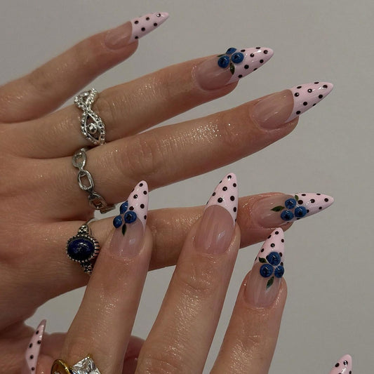 Handmade Press On Nails - MAGLFELL Spring & Summer Nails Almond False Nails, 3D Carving Blueberry and French Design, 10Pcs Reusable Acrylic Fingernail Salon Artificial Nails Kit (Size L)