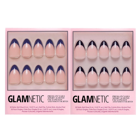 Glamnetic Press-On Nails Bundle - French Riviera & Caviar | Semi-Transparent Navy Blue Tip Short Almond Fake Nails | Short Almond Black Tip False Nails | Reusable, Salon-Quality Nail Kit
