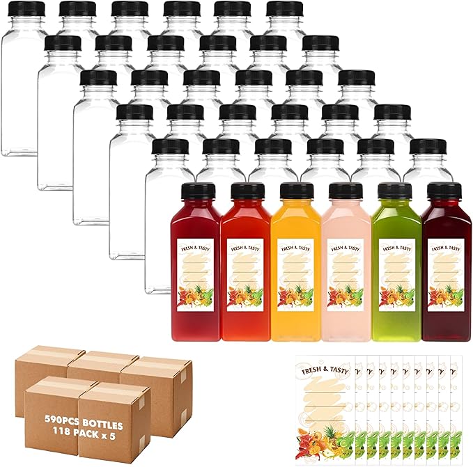 BAKHUK 590pcs 12oz Empty Plastic Juice Bottles with Caps, Plastic Water Bottles with lids, Reusable Clear Bulk Beverage Containers for Juice, Milk and Other Beverages