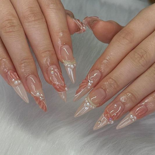 Almond Press on Nails Long Fake Nails Nude Artificial Nail Pearl and Floral Designs Stick on Nail for Women 24pcs