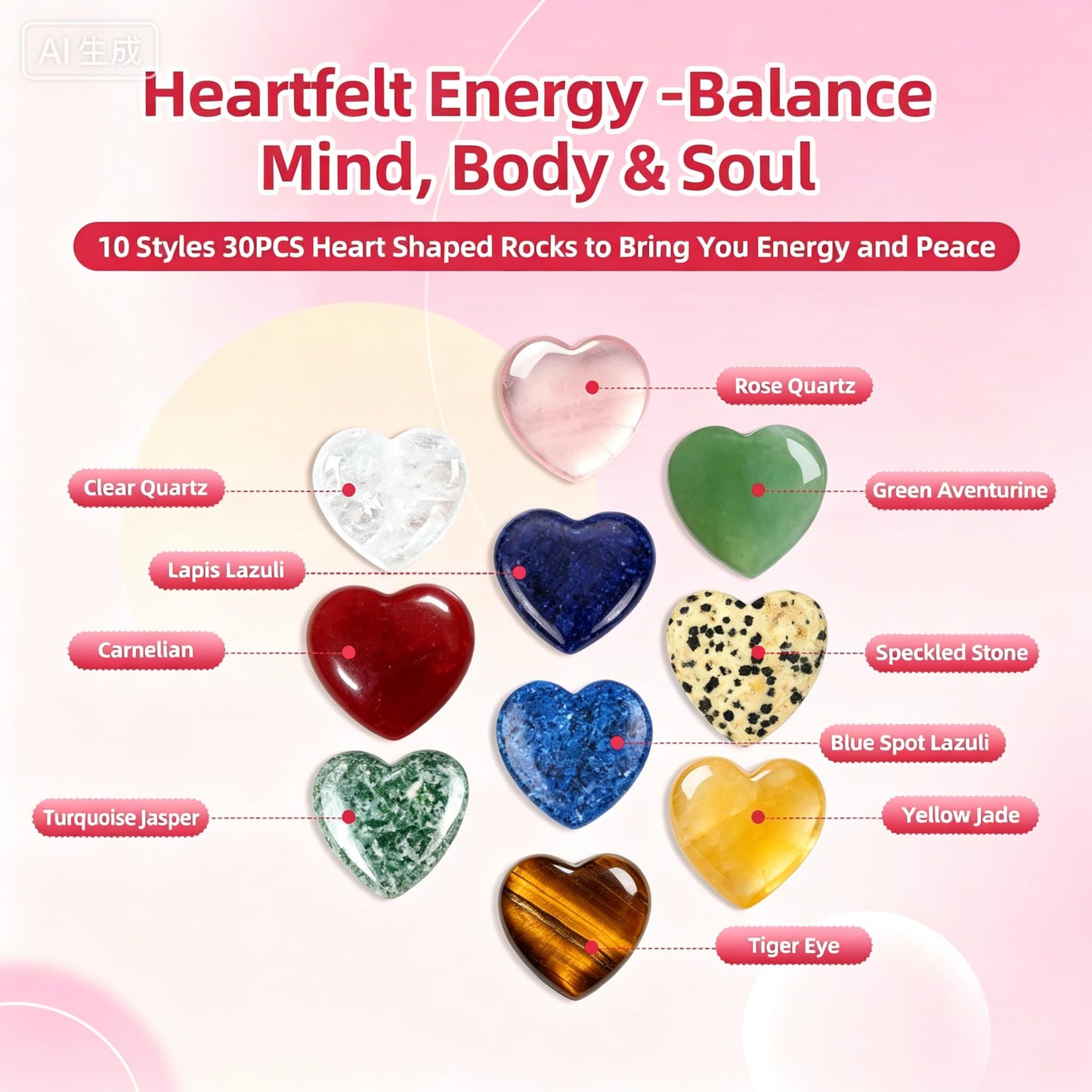 VRBELNI 30 Packs Healing Crystals Set for Anxiety Stress Relief, Natural Heart Chakra Stones Reiki Kit with Positive Cards, Self Care Gift for Women Men (Comes with 'Valentine's Day' Printed Card)