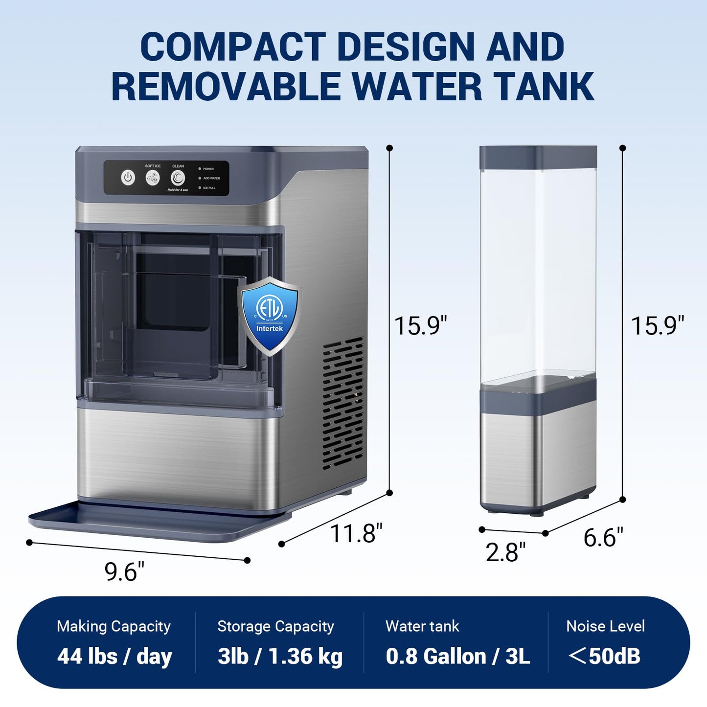 Nugget Ice Maker, 44Lbs/24H with 0.8 Gallon Tank, Soft Chewable Pellet Ice Ready in 5min Portable Ice Machine, Stainless Steels Ice Makers Countertop Self-Cleaning for Kitchens/Home/Office/Bar
