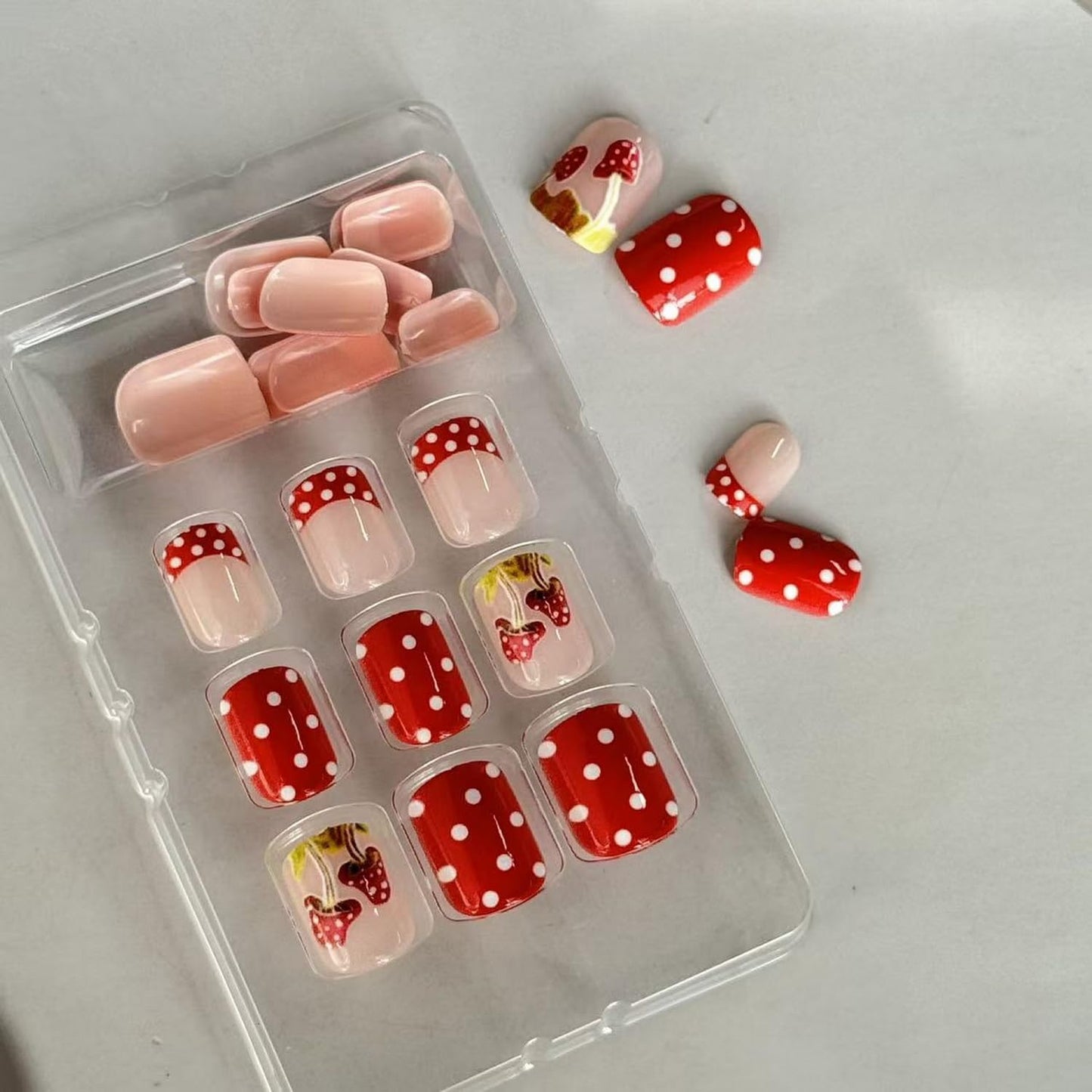Red Press on Nail Short Square Fake Nails Full Cover Red with Polka Dot Stick on Nail French Tip Press ones Glossy Mushroom Pattern Cute Acrylic Nails Reusable Manicure For Women Nail Supplies24pcs