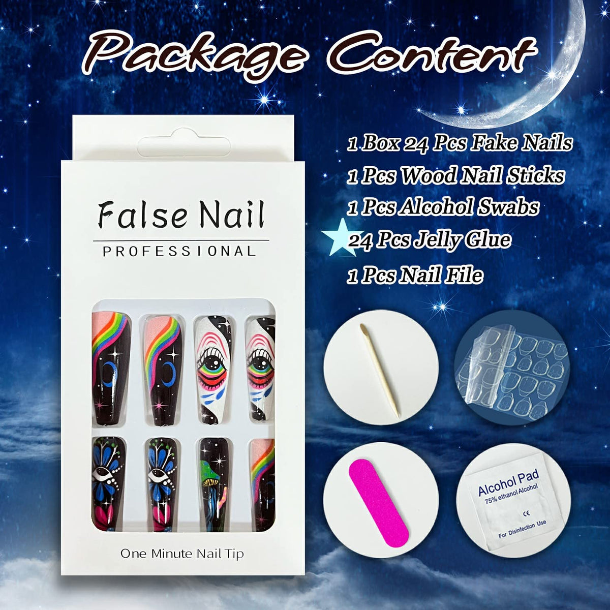 Long Press on Nails Coffin Fake Graffiti Flower Full Cover Glue Eye Stars Moon Acrylic with Rainbow Designs Nail Art Decorations for Women Girls