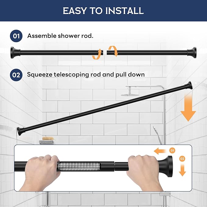 STARLATTA Adjustable Shower Curtain Rod 31-80 Inch, Never Rust Stainless Steel Black Tension Rod, 1" Heavy Duty No-Drill for Bathroom, Kitchen & Closet