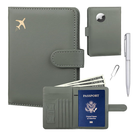 GOAUS Passport Holder for Travel with AirTag Slot Cards Cash Pocket, Faux Leather Travle Wallet Gifts for Women Men RFID Blocking Book Case Green, AirTag Not Included