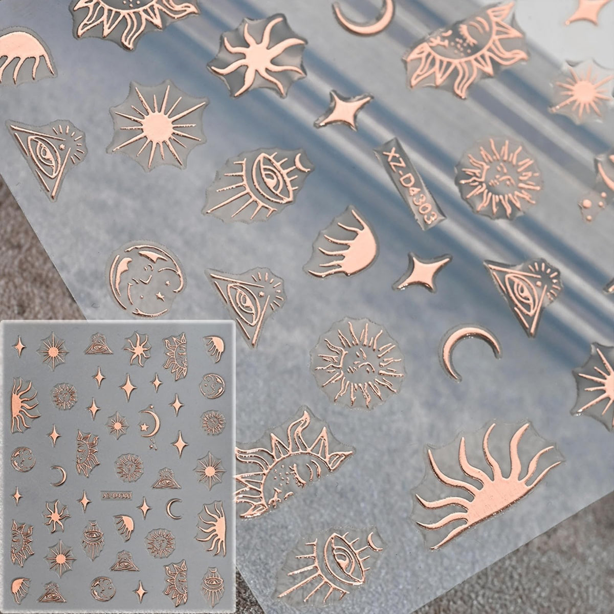 12 Sheets Rose Gold Nail Art Stickers, 3D Self-Adhesive Sun Moon Stars Designs Nail Sticker Acrylic Manicure Decals Decorations Accessory for Women Girls