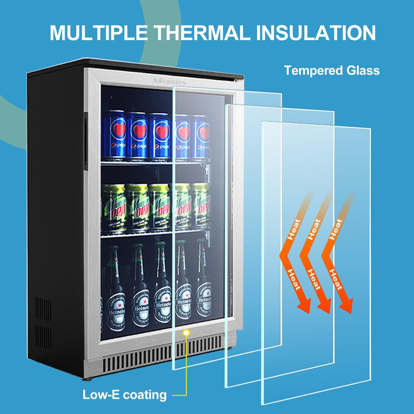 Advanics 20IN Beverage Refrigerator with Glass Door-120 Can Built in Under Counter Fridge & Freestanding,Ideal for Soda,Beer Drink Cooler