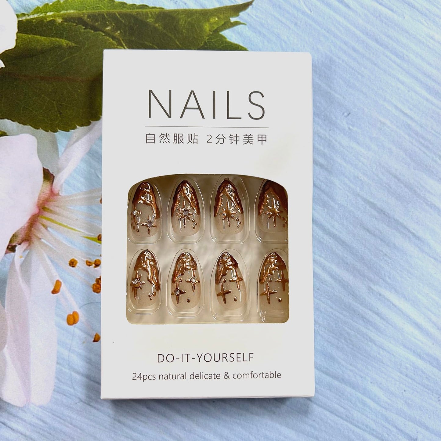 Gold French Tip Press On Nails - Short Almond 3D Stereoscopic Stick On Stars Rhinestones Design Coffin Acrylic Full Cover Artificial Nails for Women