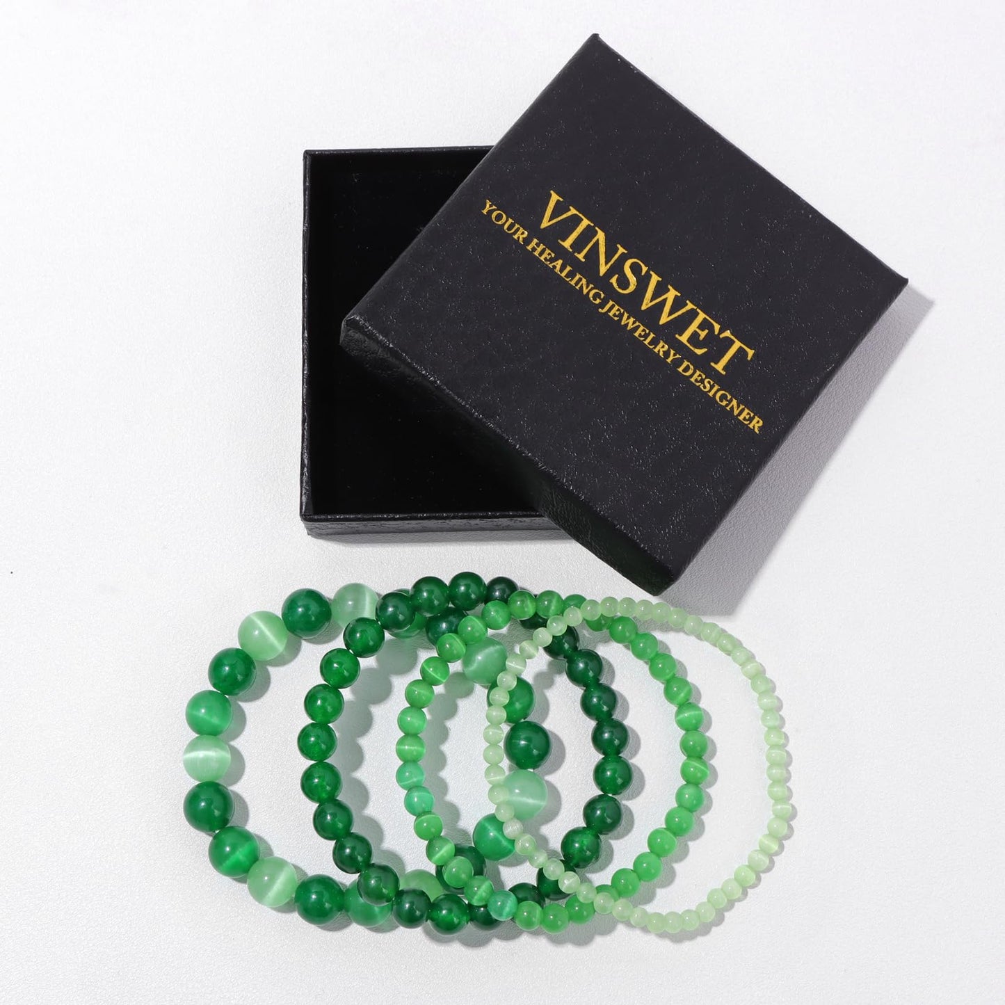Vinswet 4pcs Natural Stone Beaded Bracelets for Women Men,Healing Crystal Gemstones Stretch Bracelet,4mm 6mm 8mm 10mm Green jade Light Dark green cat eyes Anxiety Stress Relief Bracelet Jewelry Gifts