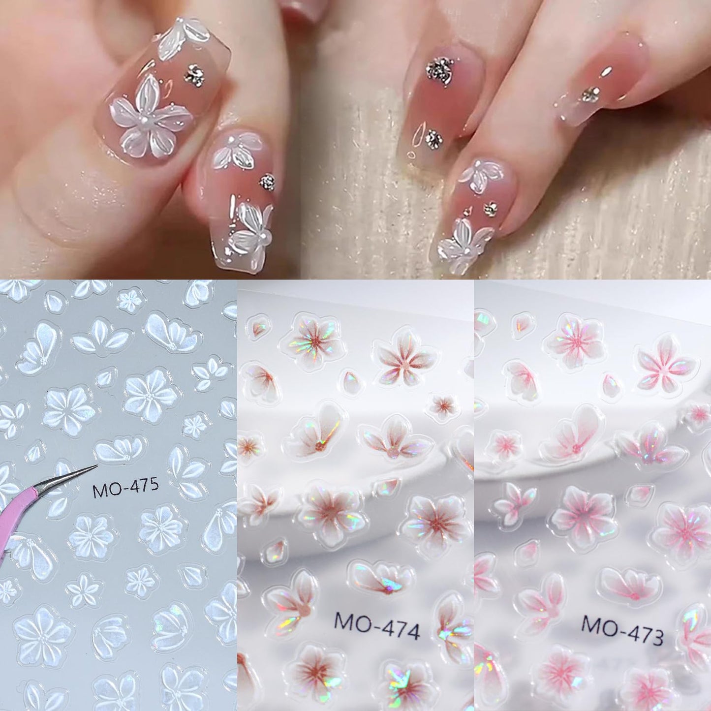 3 Sheets Flowers Nail Art Stickers Decals 5D Embossed Self-Adhesive Nail Decals White Pink Brown Floral Designs Spring Summer Supplies for Acrylic Nails DIY Women Manicure Decoration Accessories