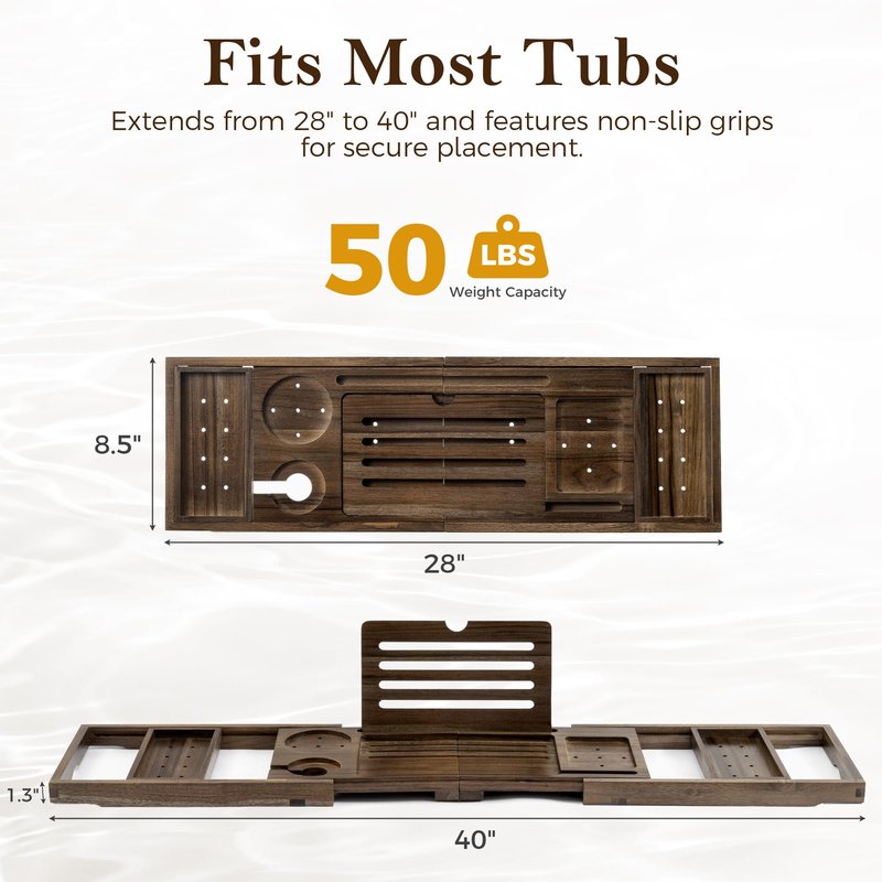 Teak Bathtub Tray, Expandable Bath Tray for Tub 28–40in, Foldable Bath Caddy with Wine Holder, Phone & Tablet Stand, Wooden Bathtub Organizer, Luxury Spa Bathroom Accessories Gift - Dark Walnut Finish