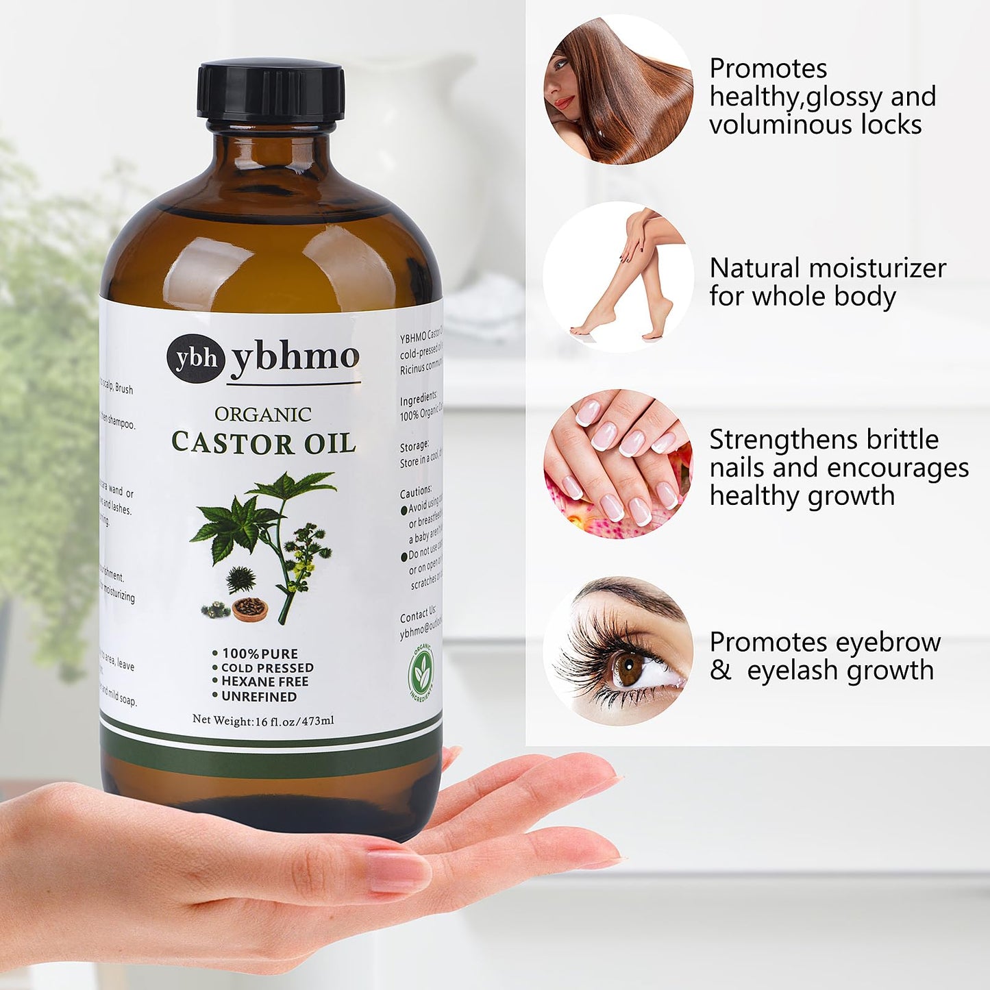 YBHMO Cold Pressed Castor Oil Organic Glass Bottle(16 Fl Oz),100% Pure ，Hexane Free for Hair Growth & Care, Castor oil pack & Moisturize Body Skin