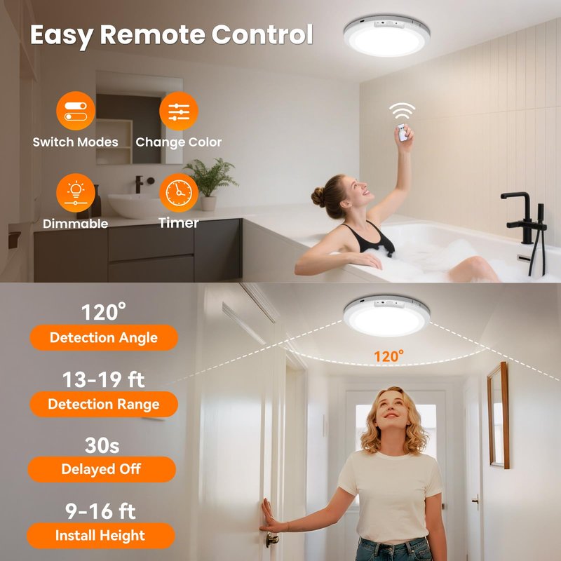 HLCZLUZ Rechargeable Motion Sensor Ceiling Light Indoor Outdoor w/Remote, 7.08 Inch Battery Operated Flush Mount Ceiling Light 3000K 4000K 6000K 400LM Dimmable for Closet Hallway Laundry Stairs (1)