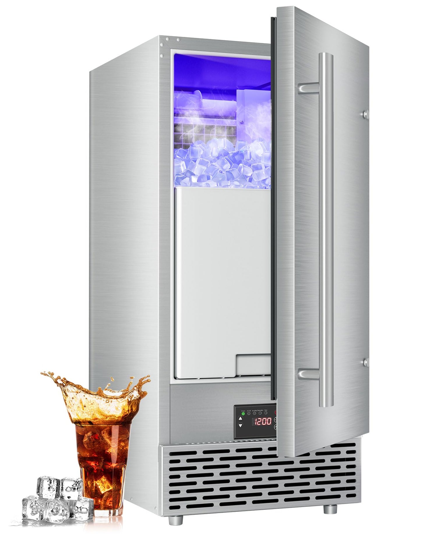 SOZT® Under Counter Ice Maker, 120LBS/24H Ice Machine, Self-Cleaning & 24H Timer, Commercial Ice Maker with 30LBS Storage - Reversible Door, Built-in/Freestanding Design for Home Bar Cafe Restaurant