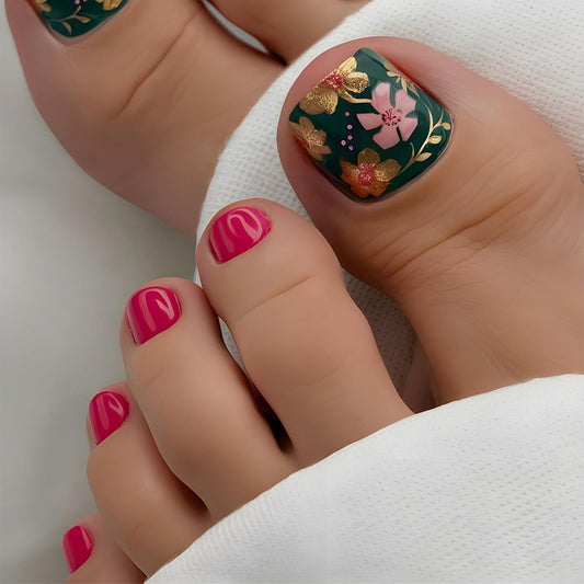 Red Press on Toenails Short Square False Toenails with Gold Flower Design Glossy Red Glue on Toenail Pink Floral Fake Toe Nails Cute Reusable Summer Stick on Toenail for Women Girls Manicure 24Pcs