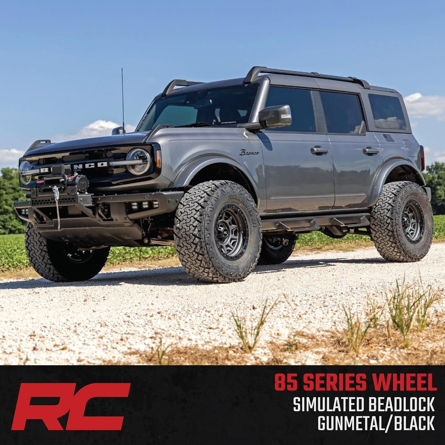 Rough Country 85 Series 15x8 Wheel - 5x4.5" Bolt Pattern, 19mm Offset, Gunmetal Gray with Black Simulated Beadlock, One-Piece Aluminum Off-Road Wheel