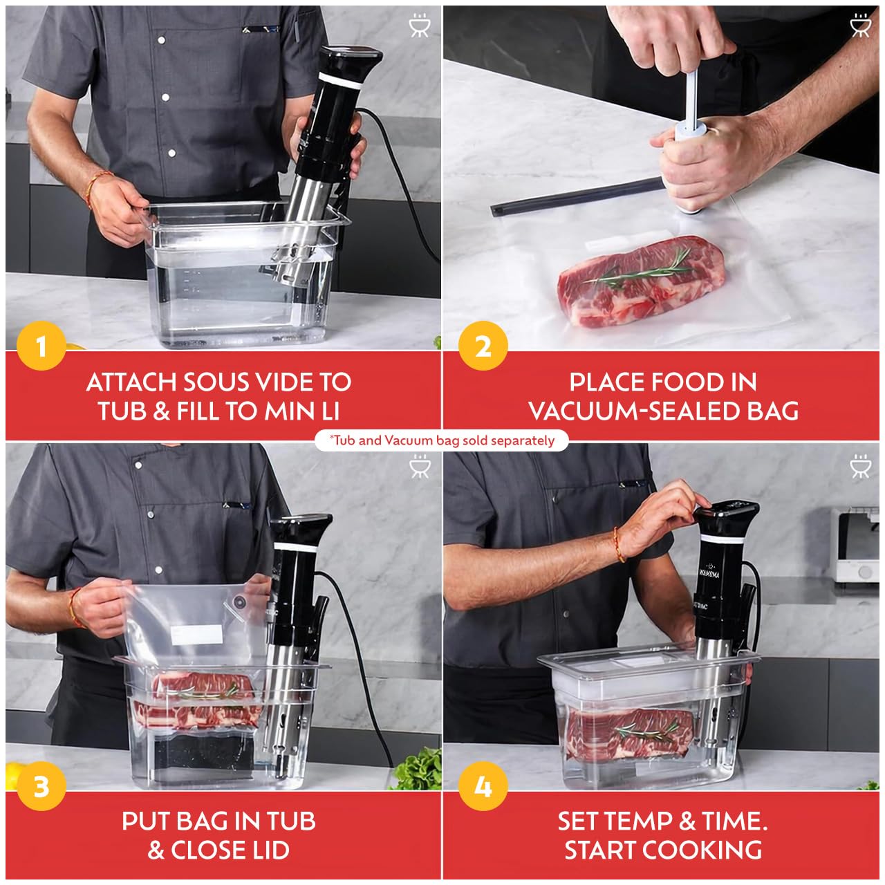 Wamoma Sous Vide Complete Bundle – 1100W Precision Cooker IPX7 Waterproof + 12-Qt Container with Lid + Hand Vacuum Pump & Reusable Bags + Silicone Weights for Perfect Cooking Results