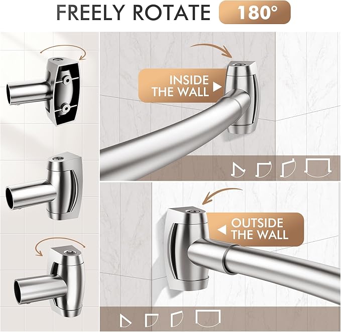 Curved Shower Curtain Rod for Bathroom, 40-72 Inches Adjustable Curved Shower Rod, 0.9MM Rustproof Shower Curtain Rod with Rotating Brackets for Extra Shower Space, Need To Drill, Brush Nickel