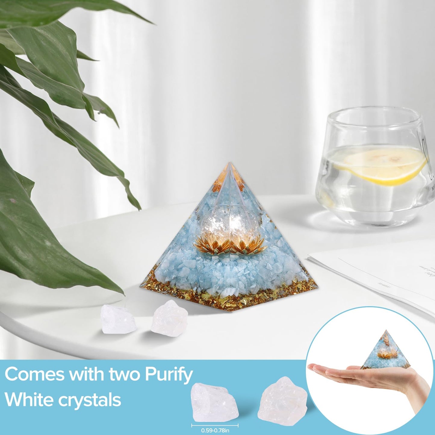 Hopeseed Orgone Pyramid for Positive Energy, Orgonite Natural Blue Quartz&White Crystal Healing Crystals Pyramid for Reduce Stress Chakra Reiki Healing Meditation Cleanses the Mind Boosts Confidence
