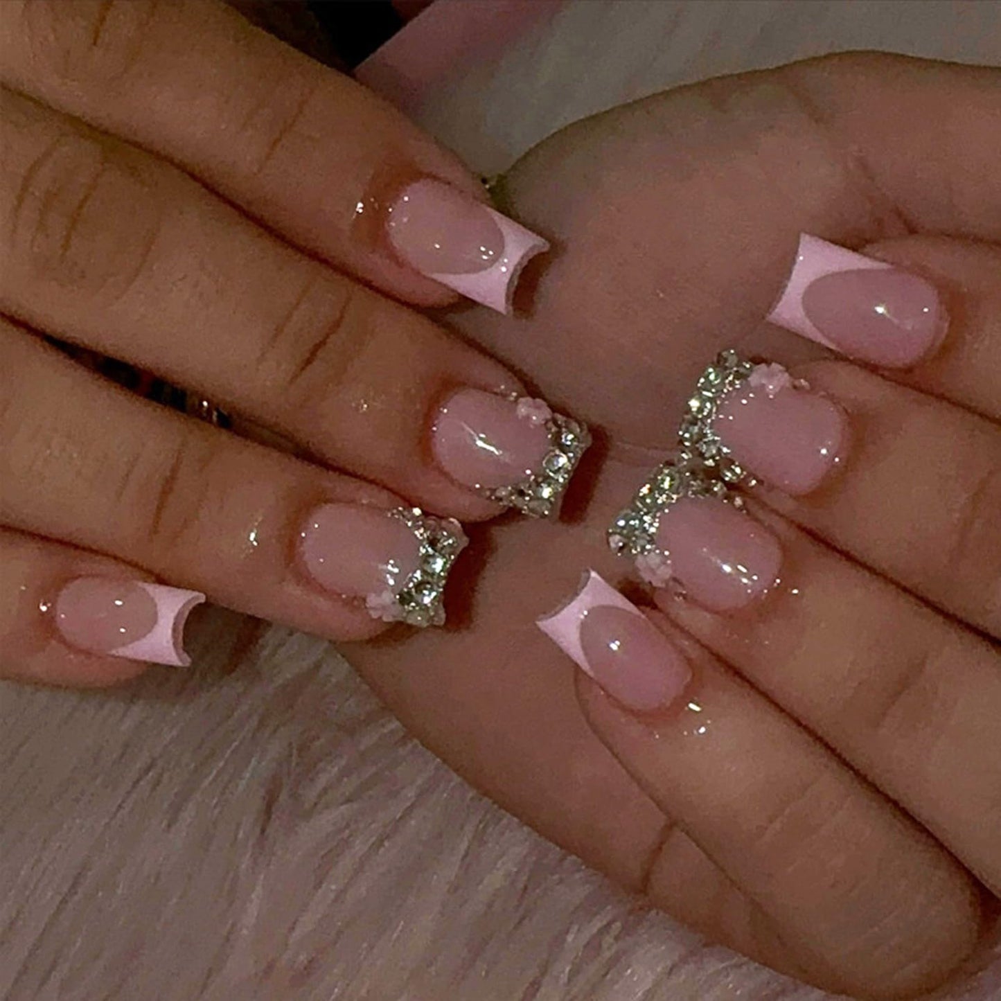 IMSOHOT Square Press on Nails Short Fake Nails Pink French Tip False Nails with Rhinestone & Flower Designs Full Cover Acrylic Stick on Nails for Women Girls Manicure Kit