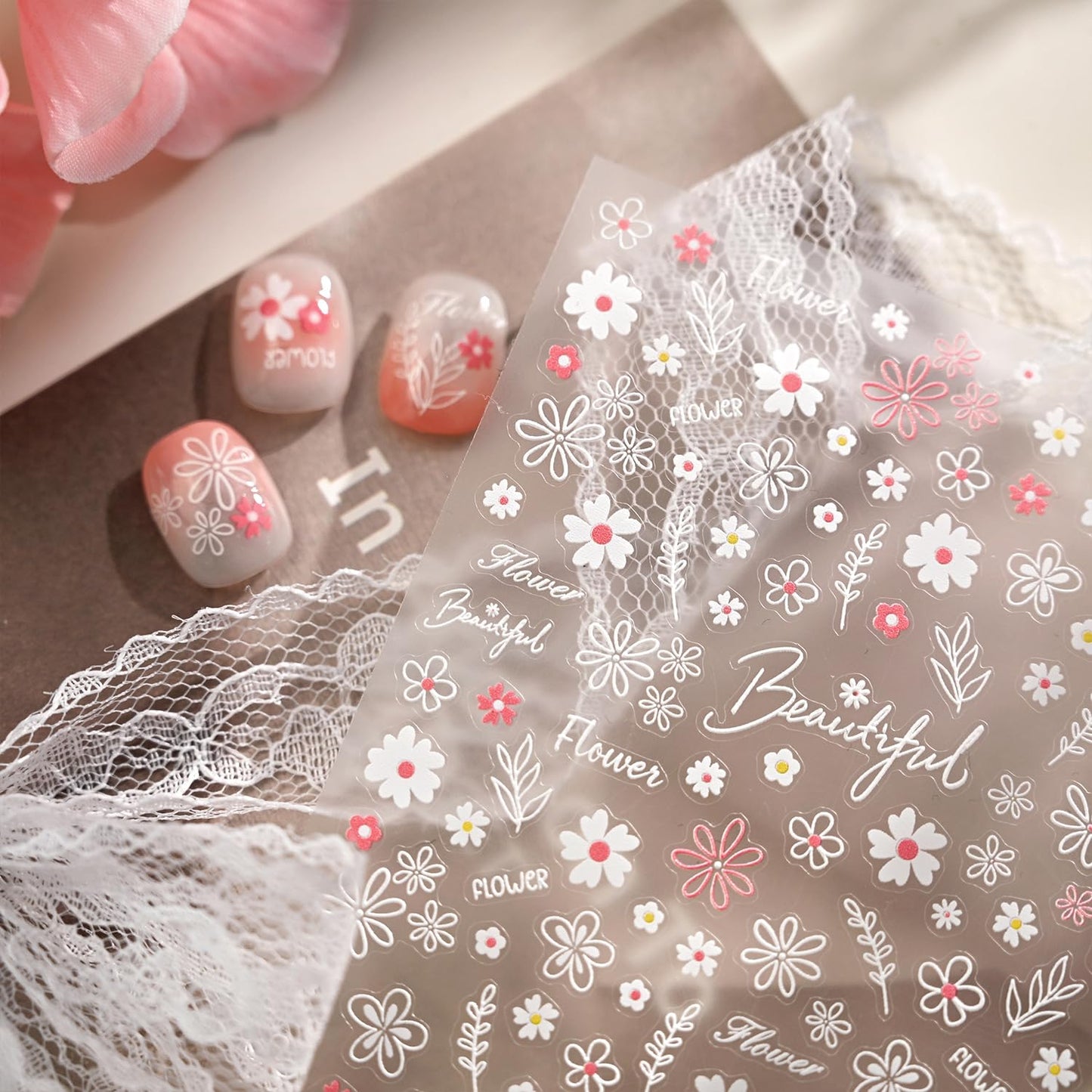 White Flower Nail Stickers 5D Embossed Nail Sticker for Spring Nail Art with Pink White Daisy Floral Design Cute Nail Art Stickers Decals Self-Adhesive for Women Manicure Supplies