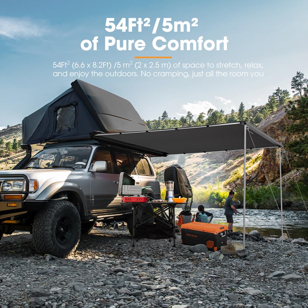 SanHima Vehicle Awning 6.6ft x 8.2ft - Roof Rack Pull Out Side Awning 54ft² Sun Shade UPF50+ Weatherproof for Camping Car SUV Truck Van