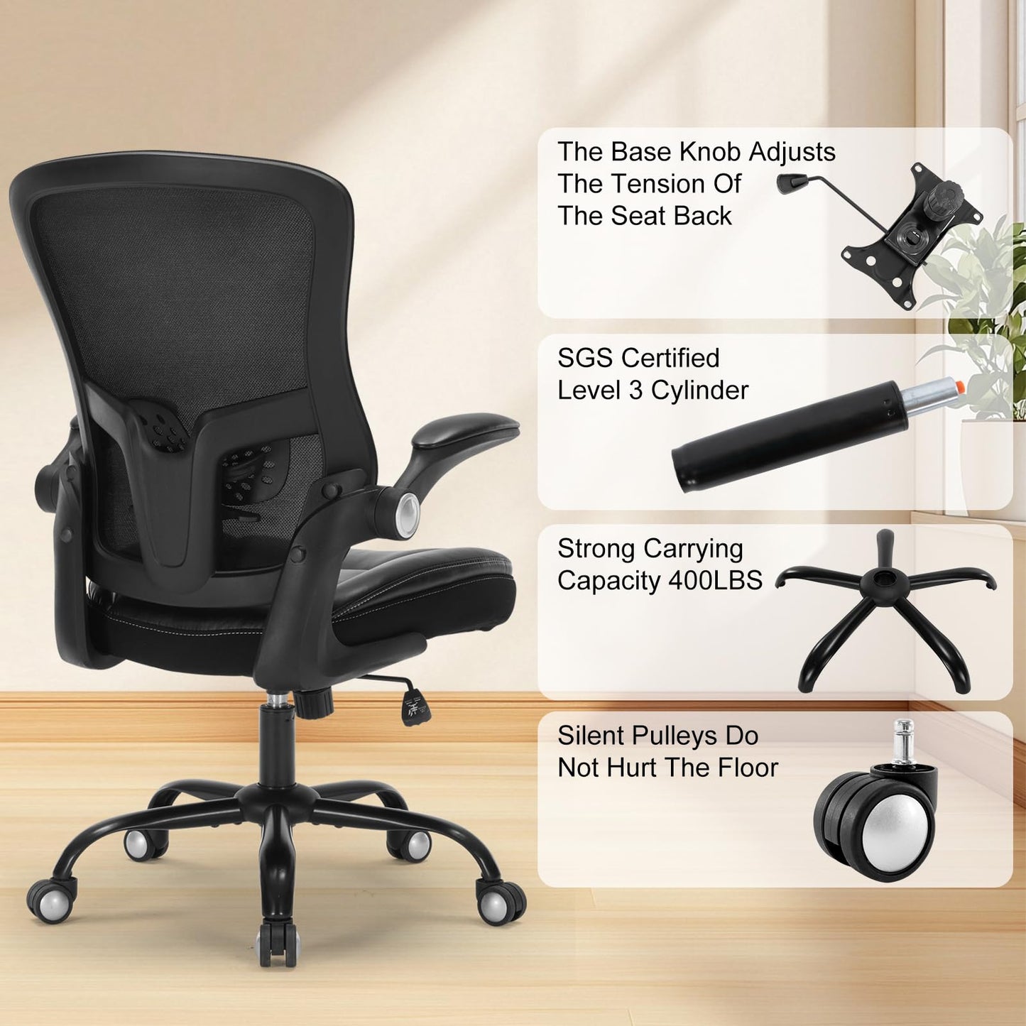 Ergonomic Office Chair, PU Leather Ergonomic Desk Chair with Mesh Back Adjustable Lumbar Support Home Gmaing Desk Chair with Wheels and Flip-Up Armrests, 360°Swivel, Tilt Lock and Wide Cushion-400LBS