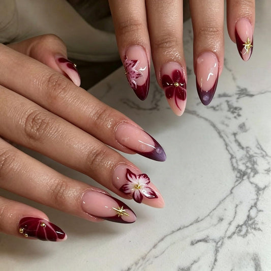 24Pcs Summer Red Press on Nails Medium Almond, 3D Floral Designs, Glossy Full Cover Fake Nails, Reusable Glue on Nails with Acrylic Effect,Nude Nails Press ons for Women