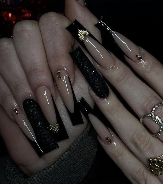 Press on Nails Extra Long - Aegenacess Square Press On Nails with 3D Heart and Rhinestones, Nude French Tips Y2K Fake Nails with Glue Sticker, Handmade 24 pcs Stick On Nails False Nail in 12 Sizes