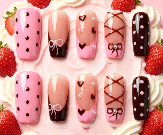 Handmade Press on Nails Square 3D Cute Glue on Nails for Women, Luxury Homemade Press on Nail Art Design, Fake Nails with 3D Nail Charms Size M 3