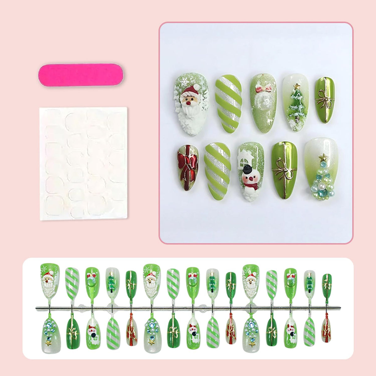 Cute Christmas Press on Nails Medium Almond Fake Nails 3D Star Rhinestones Pearls Xmas Tree Charms Design False Nails Santa Claus Snowman Stick on Nails Silver Glitter Full Cover Nail for Women 30Pcs