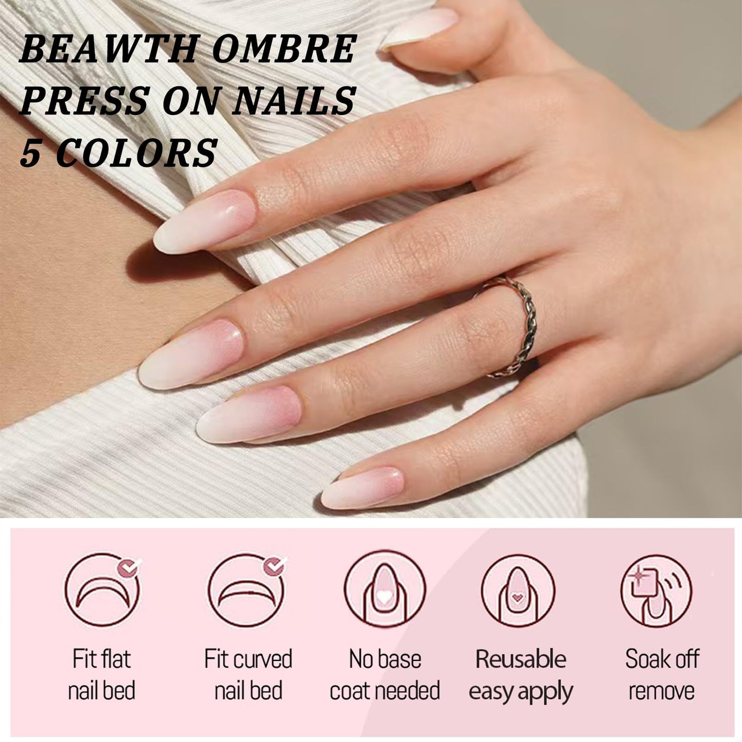 150Pcs Ombre Press on Nails Medium Almond Fake Nails Nude Pink Gradient Acrylic Nails Nature Gel Glue on Nails Ombre False Nail Tips Stick on Nail Manicure Kit for Women Girls 15 Sizes