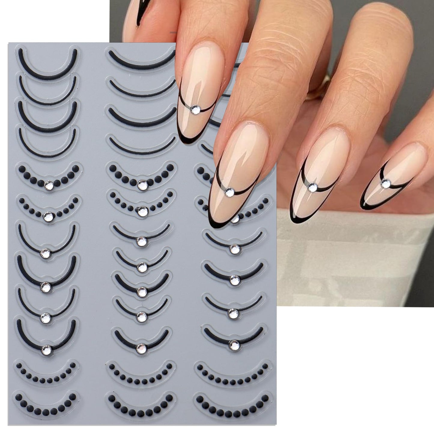 IDDFEVE Rhinestone Studded French Line Nail Art Stickers - 3 Colors Gold Sliver Black Crystal Diamond Self-Adhesive Curved Stripes Nail Decals, French Tips Guides for DIY Manicure (3 Sheets)
