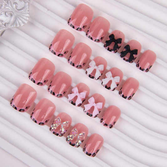4Packs 96Pcs French Tip Press on Nails Short Square Fake Nails Pink Leopard French Acrylic Nails Bow Charms Glue on Nails Kit for Women Girls Manicure Decoration Set 12 Size