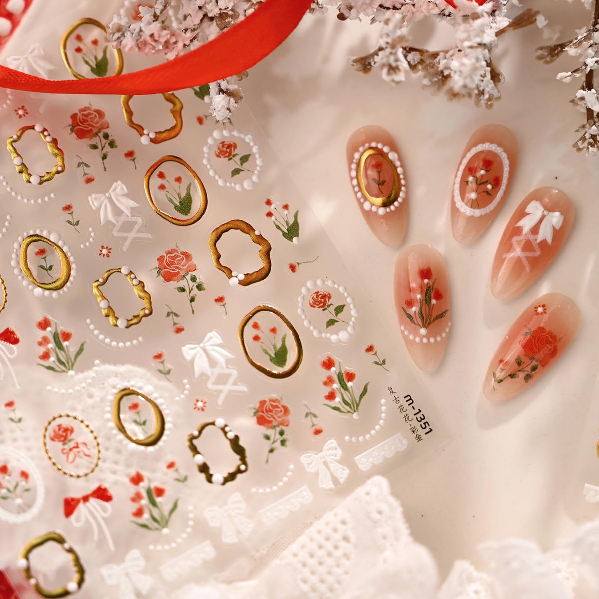 Flower Nail Stickers Tulip Floral Nail Decals with Gold-Trimmed Frames Design,Self-Adhesive Spring Stickers for Natural Acrylic Nails,Easy Apply DIY Manicure Decor for Women Girls 1 Sheet