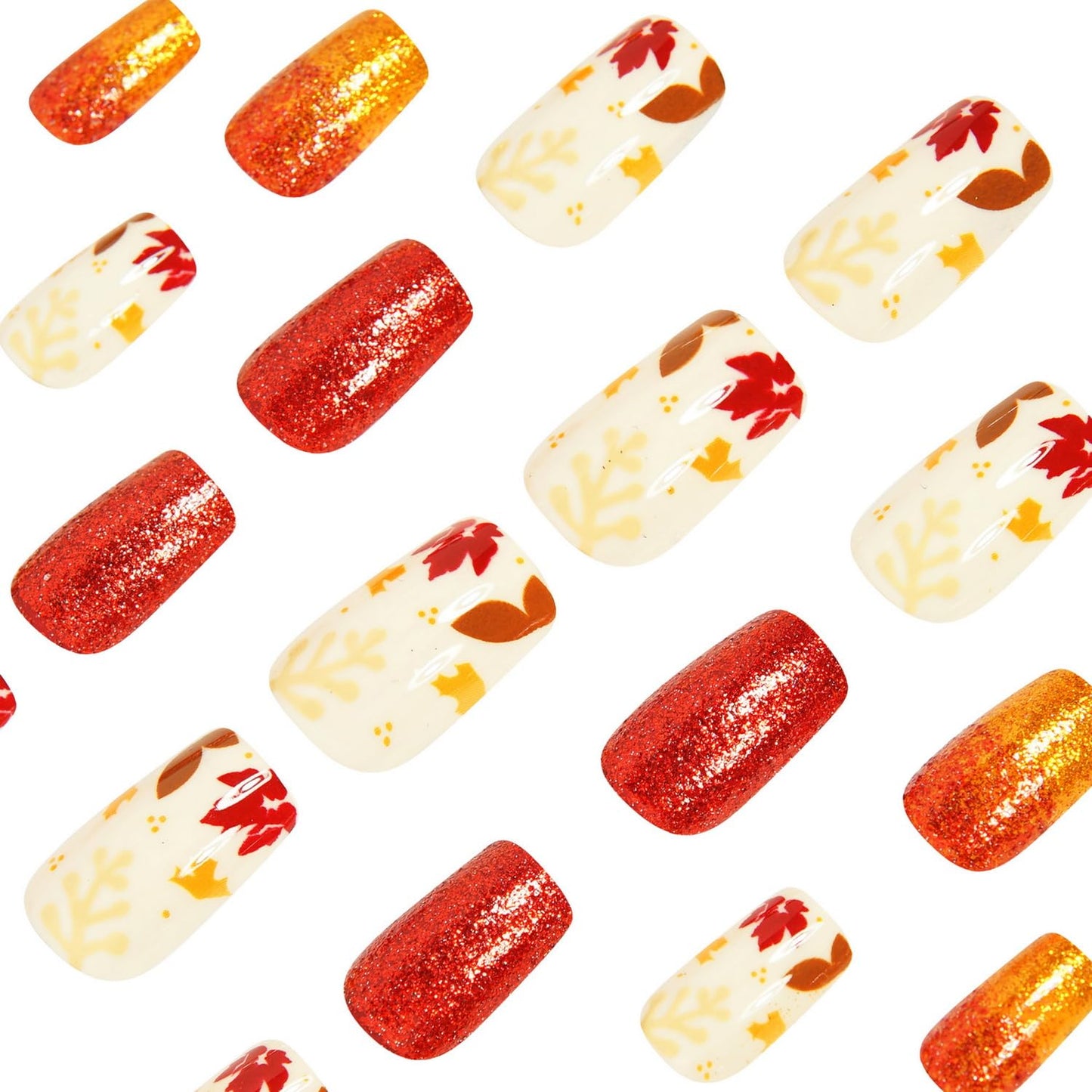 Fall Press on Nails Short Square Fake Nails Maple Leaves designs Stick on Nails Gold Glitter Acrylic Nails Thanksgiving False Nails Glossy Full Cover Autumn Glue on Nails for Women Girls Art Manicure