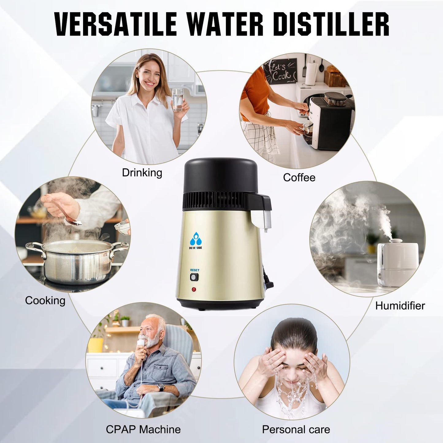 DC HOUSE Upgrade Water Distiller, 304 Stainless Steel 1 Gallon Distilled Water Maker Machine for Home Countertop Table Desktop, 750W 4L Making Machine with On Off Switch, Glass Container