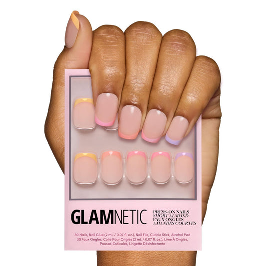 Glamnetic Press On Nails - Macarons | Short Squoval Fake Nails with Multicolored Pastel French Tips and Glossy Finish, Salon Quality | 15 Sizes - 30 Nail Kit with Glue