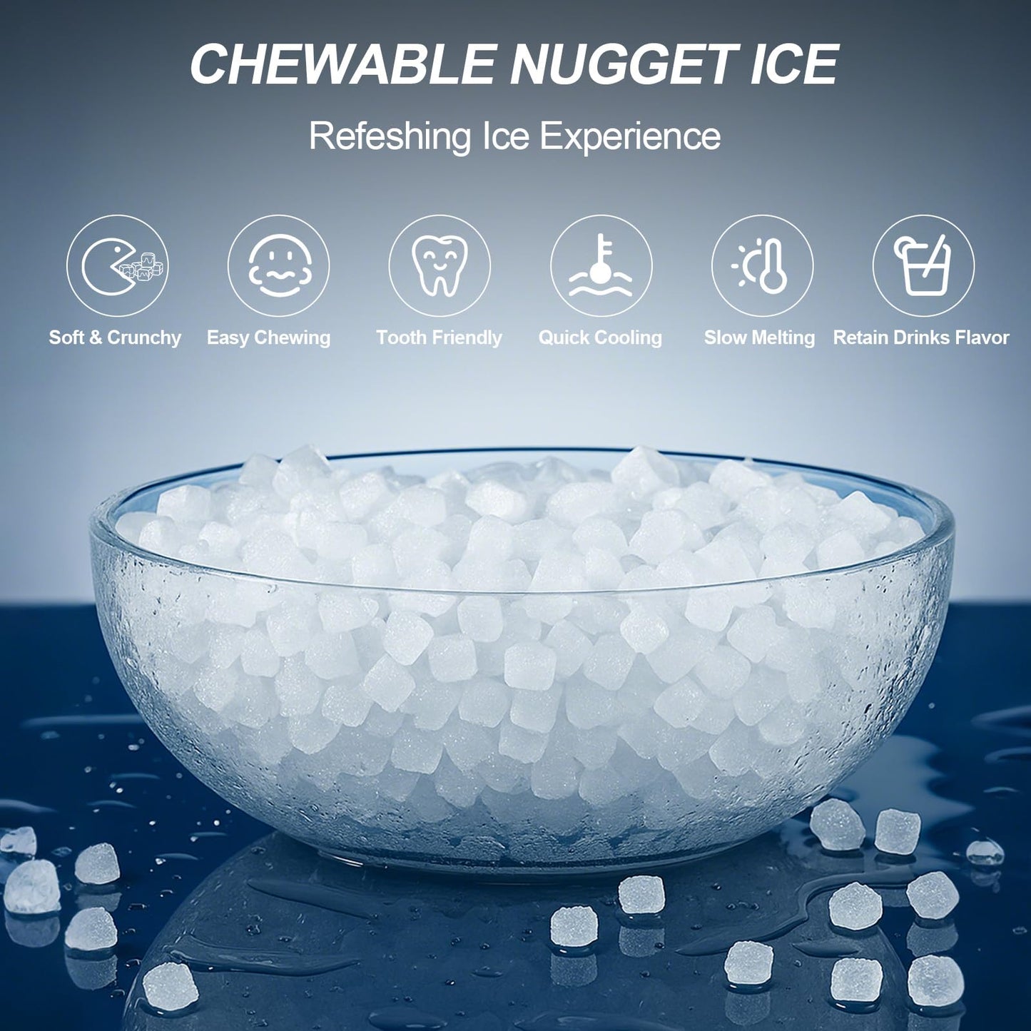 Nugget Ice Maker Countertop, 50LBS/24H, 5LBS Storage, 2-in-1 Ice Maker & Water Dispenser, Soft Chewable Pellet Ice, Stainless Steel, Self-Cleaning for Home Kitchen Office Bar