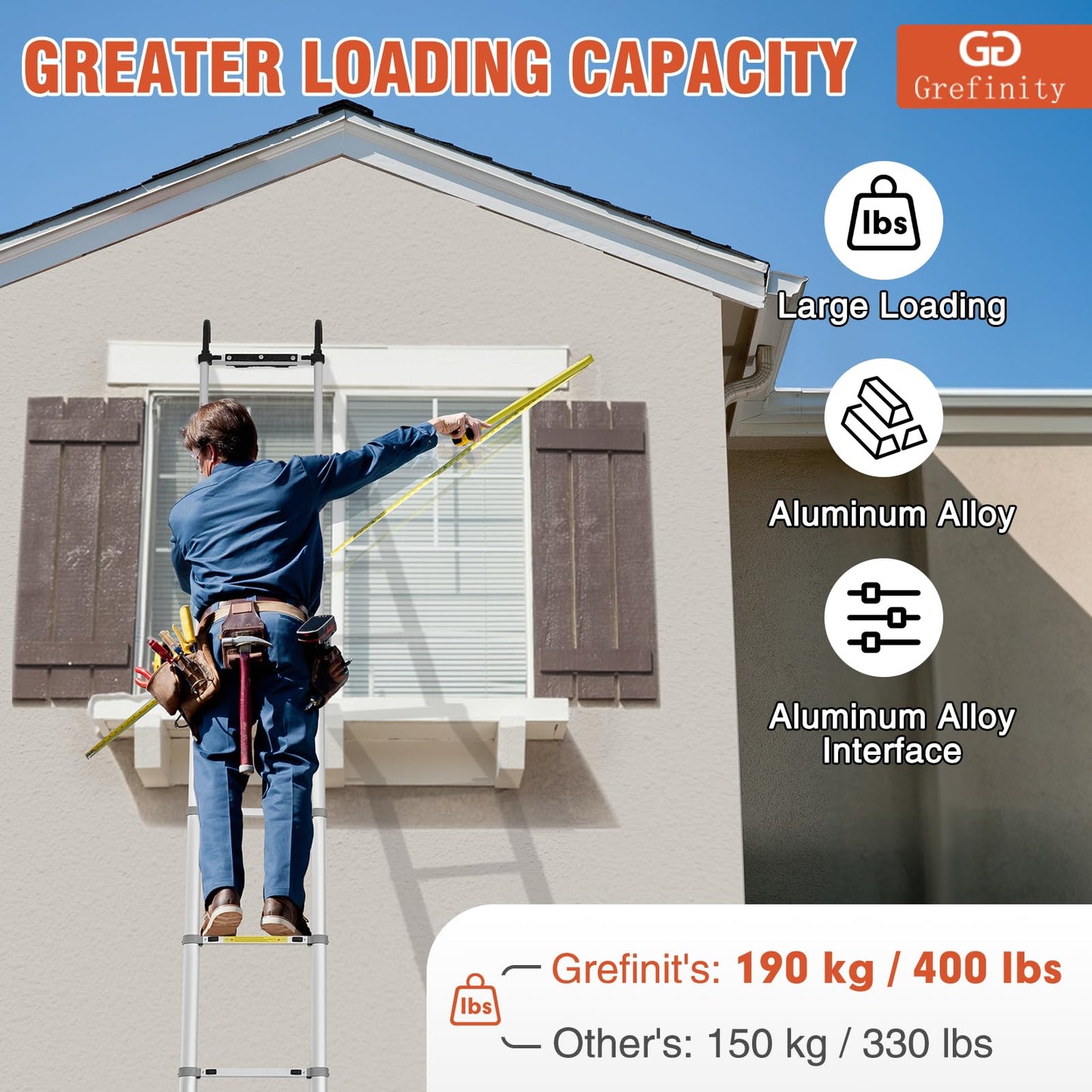 Grefinity 16.5 FT Aluminum Telescoping Ladder with Hooks, Extension Ladder with Reinforced Alloy Joints, 400 lbs Load Capacity with Non-Slip Feet, Compact Portable for Home, RV, Attic and Roof Use